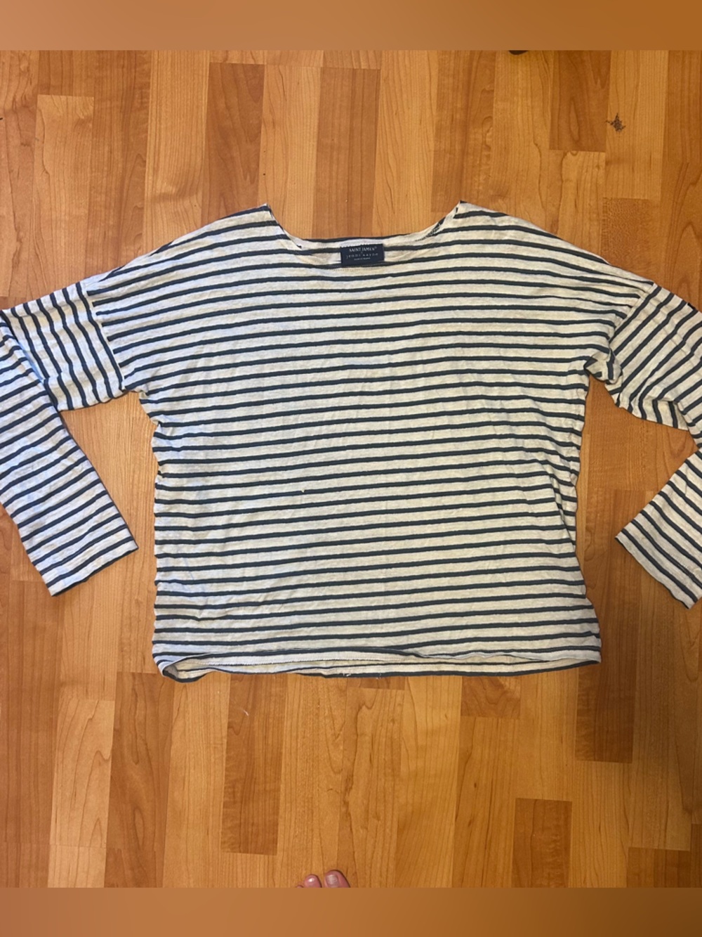 Saint James Striped Long-Sleeve Boatneck Top in Cream and Navy linen size medium